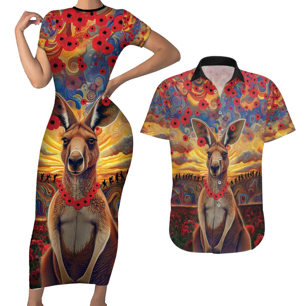 Kangaroo ANZAC Personalised Couples Matching Short Sleeve Bodycon Dress and Hawaiian Shirt Poppy Flowers Aboriginal Dot Painting
