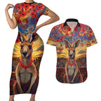 Kangaroo ANZAC Personalised Couples Matching Short Sleeve Bodycon Dress and Hawaiian Shirt Poppy Flowers Aboriginal Dot Painting