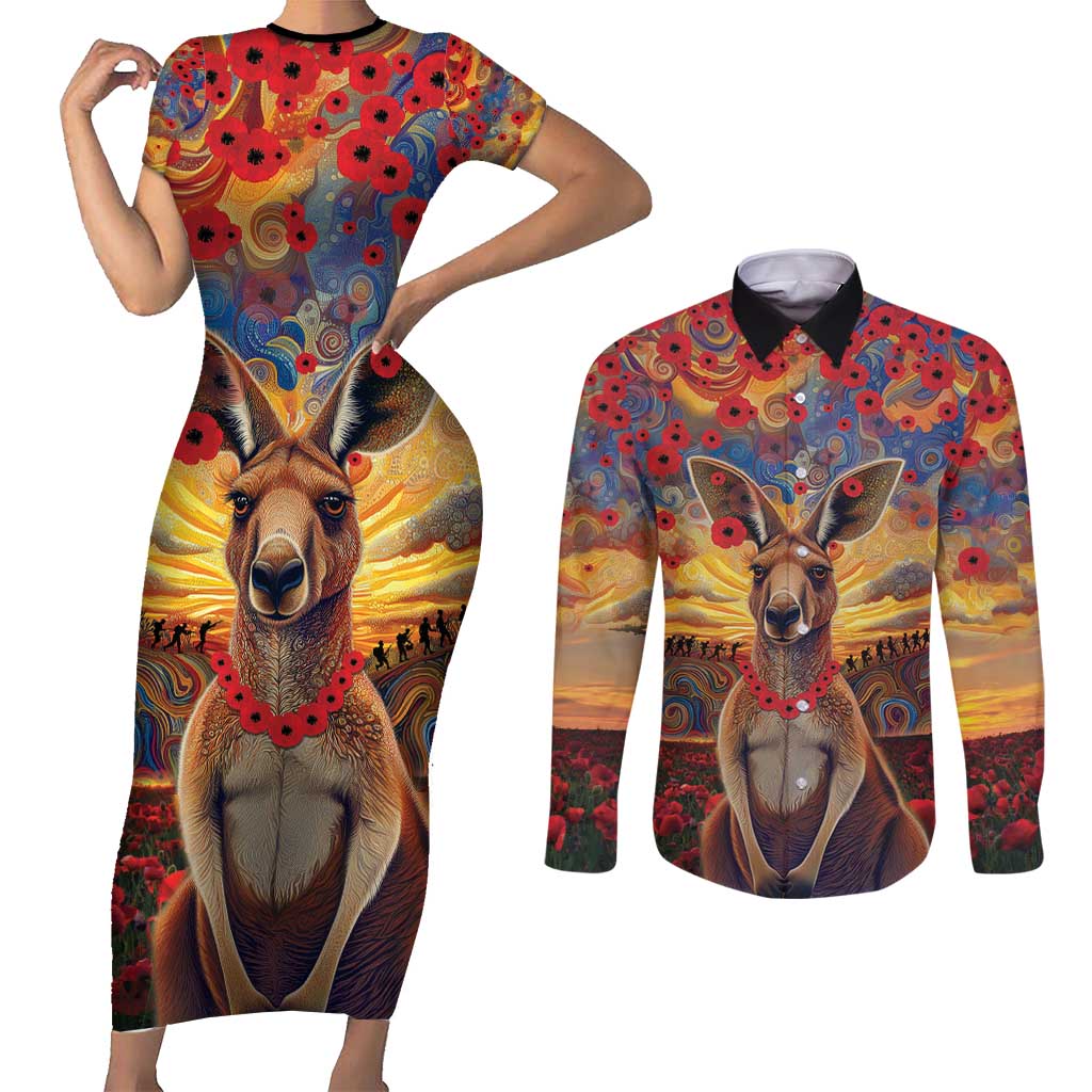 Kangaroo ANZAC Personalised Couples Matching Short Sleeve Bodycon Dress and Long Sleeve Button Shirt Poppy Flowers Aboriginal Dot Painting