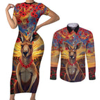 Kangaroo ANZAC Personalised Couples Matching Short Sleeve Bodycon Dress and Long Sleeve Button Shirt Poppy Flowers Aboriginal Dot Painting