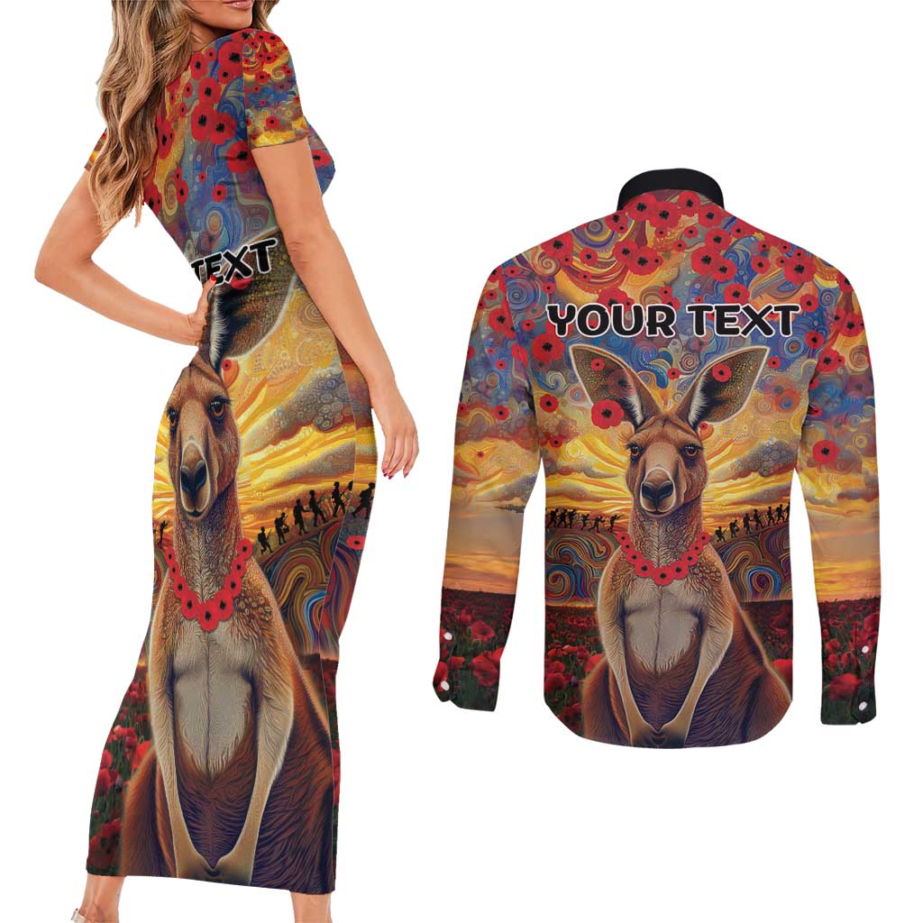 Kangaroo ANZAC Personalised Couples Matching Short Sleeve Bodycon Dress and Long Sleeve Button Shirt Poppy Flowers Aboriginal Dot Painting