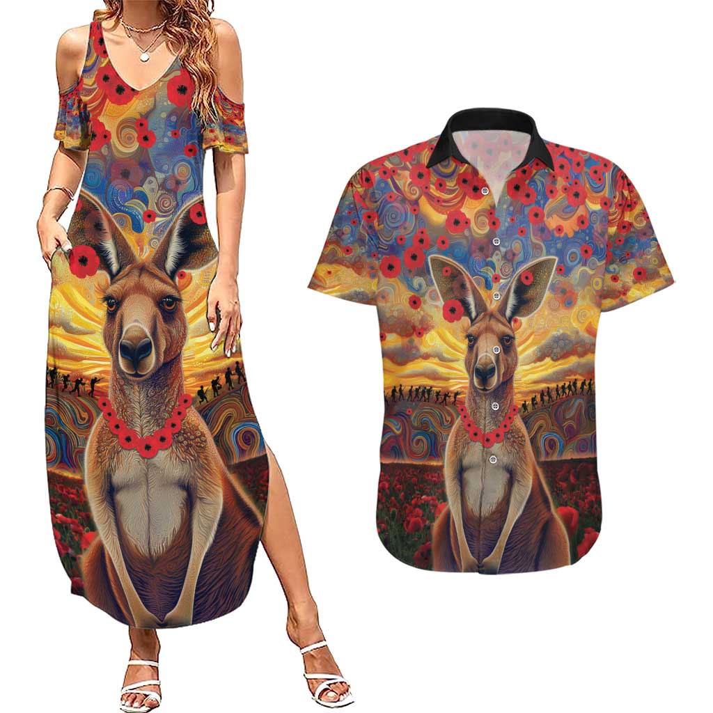 Kangaroo ANZAC Personalised Couples Matching Summer Maxi Dress and Hawaiian Shirt Poppy Flowers Aboriginal Dot Painting