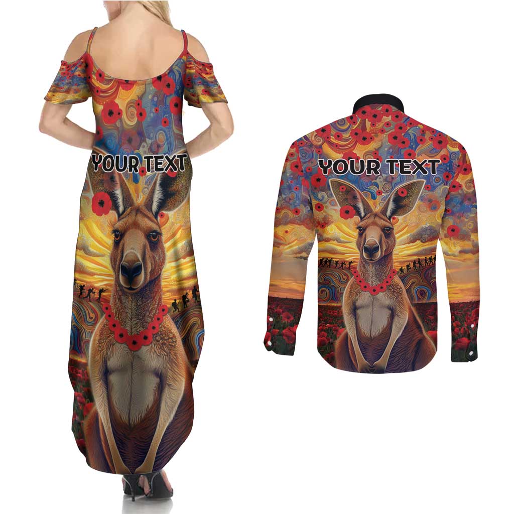 Kangaroo ANZAC Personalised Couples Matching Summer Maxi Dress and Long Sleeve Button Shirt Poppy Flowers Aboriginal Dot Painting