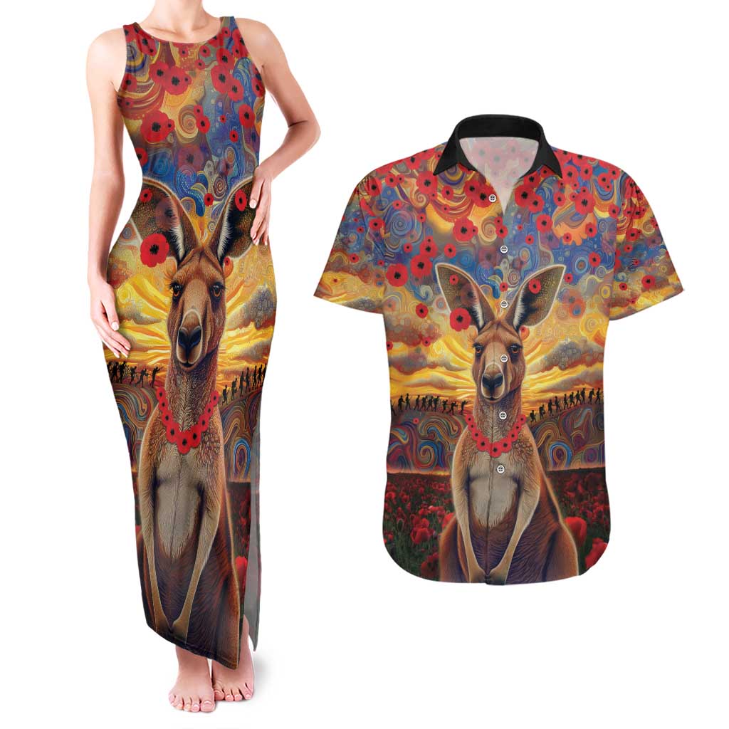 Kangaroo ANZAC Personalised Couples Matching Tank Maxi Dress and Hawaiian Shirt Poppy Flowers Aboriginal Dot Painting