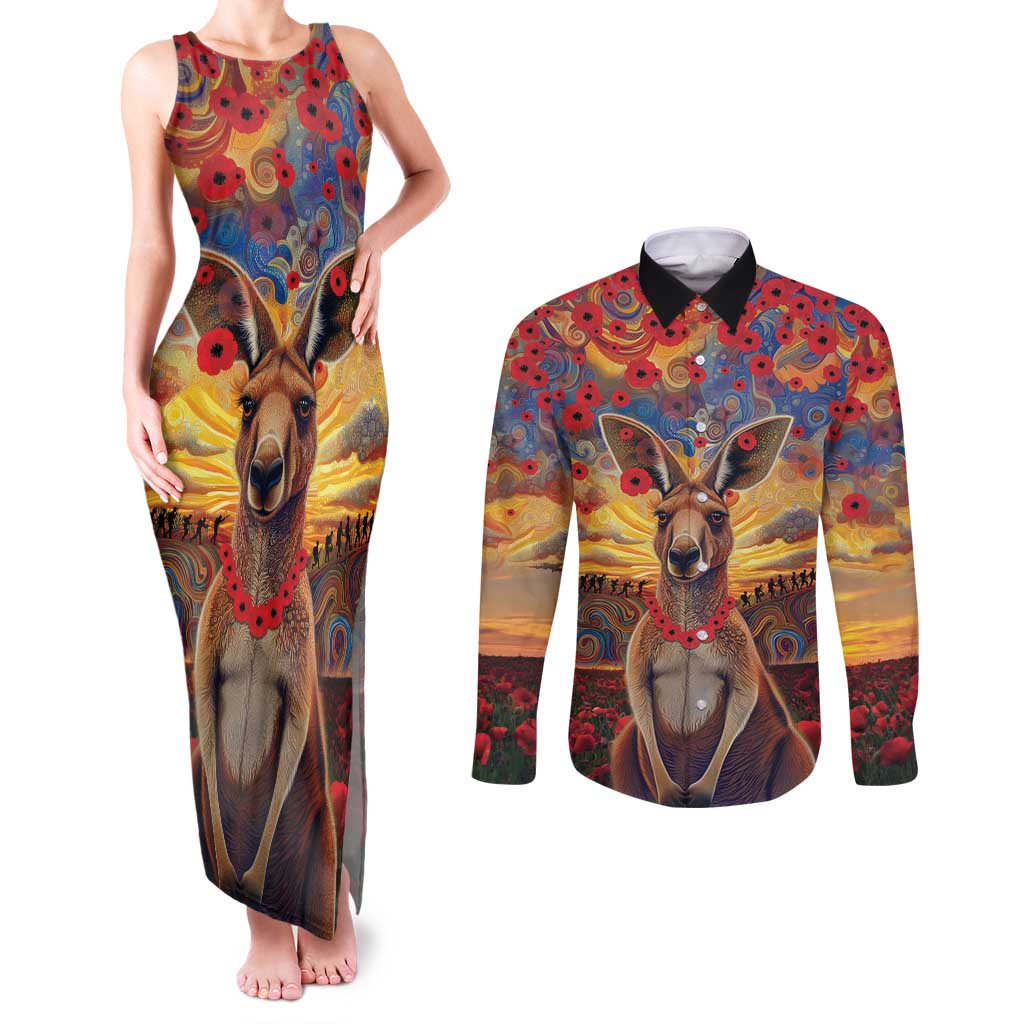Kangaroo ANZAC Personalised Couples Matching Tank Maxi Dress and Long Sleeve Button Shirt Poppy Flowers Aboriginal Dot Painting