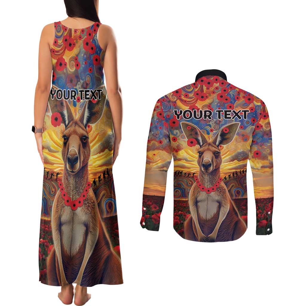 Kangaroo ANZAC Personalised Couples Matching Tank Maxi Dress and Long Sleeve Button Shirt Poppy Flowers Aboriginal Dot Painting