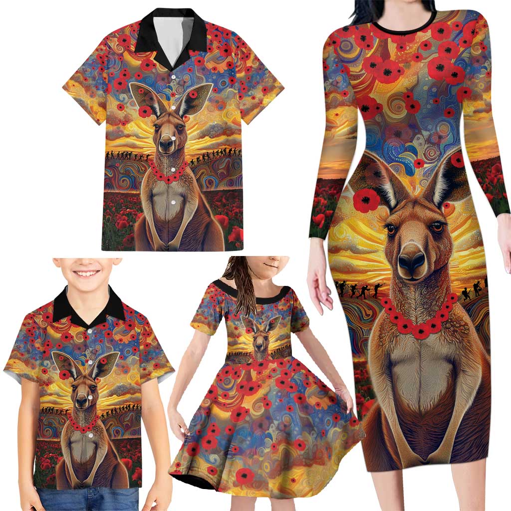 Kangaroo ANZAC Personalised Family Matching Long Sleeve Bodycon Dress and Hawaiian Shirt Poppy Flowers Aboriginal Dot Painting