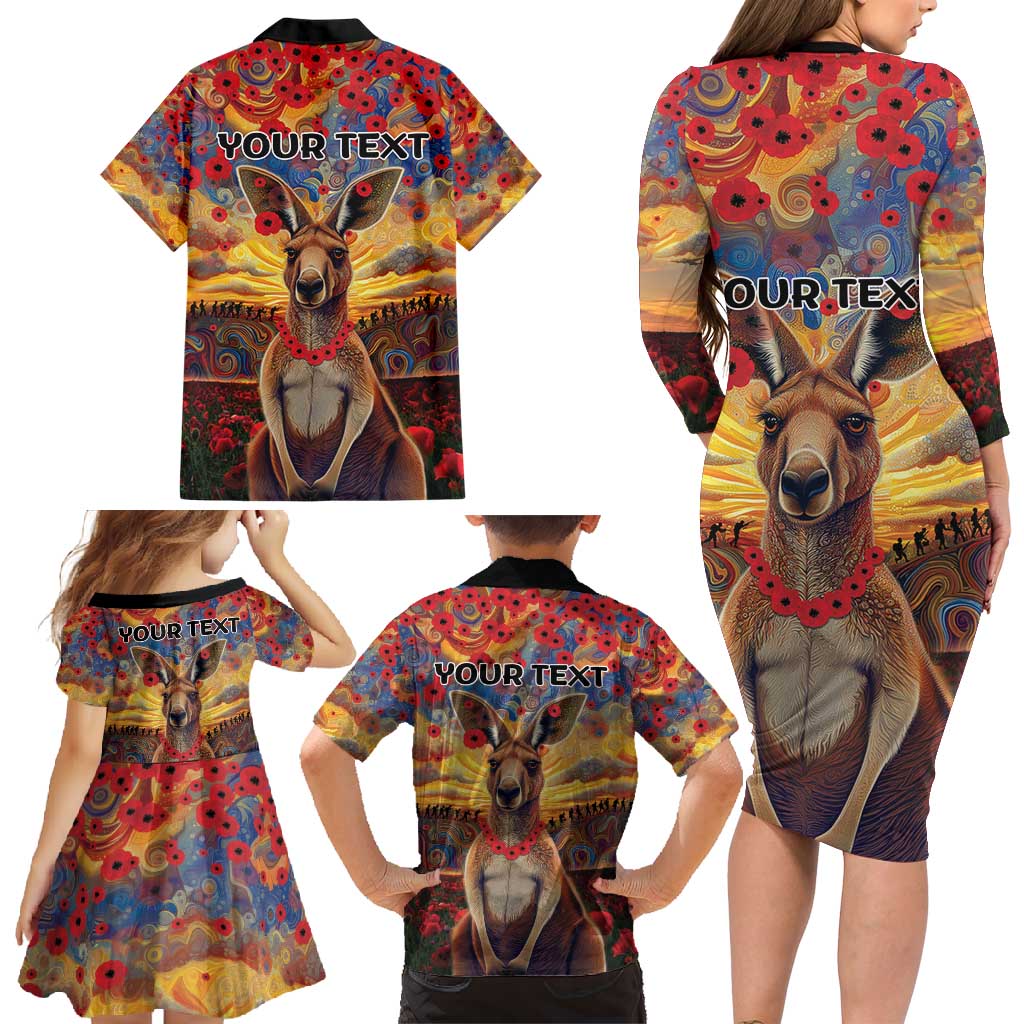 Kangaroo ANZAC Personalised Family Matching Long Sleeve Bodycon Dress and Hawaiian Shirt Poppy Flowers Aboriginal Dot Painting