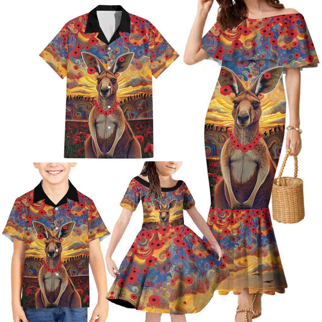 Kangaroo ANZAC Personalised Family Matching Mermaid Dress and Hawaiian Shirt Poppy Flowers Aboriginal Dot Painting