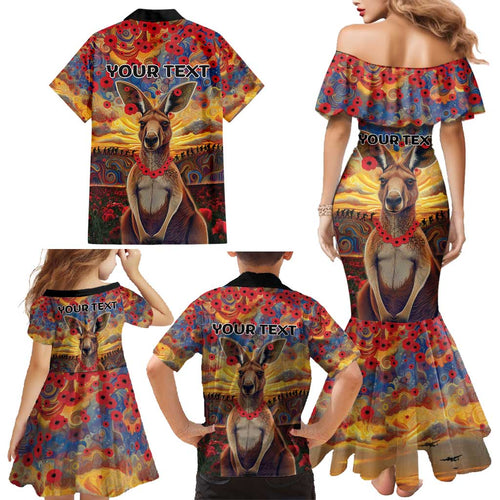 Kangaroo ANZAC Personalised Family Matching Mermaid Dress and Hawaiian Shirt Poppy Flowers Aboriginal Dot Painting