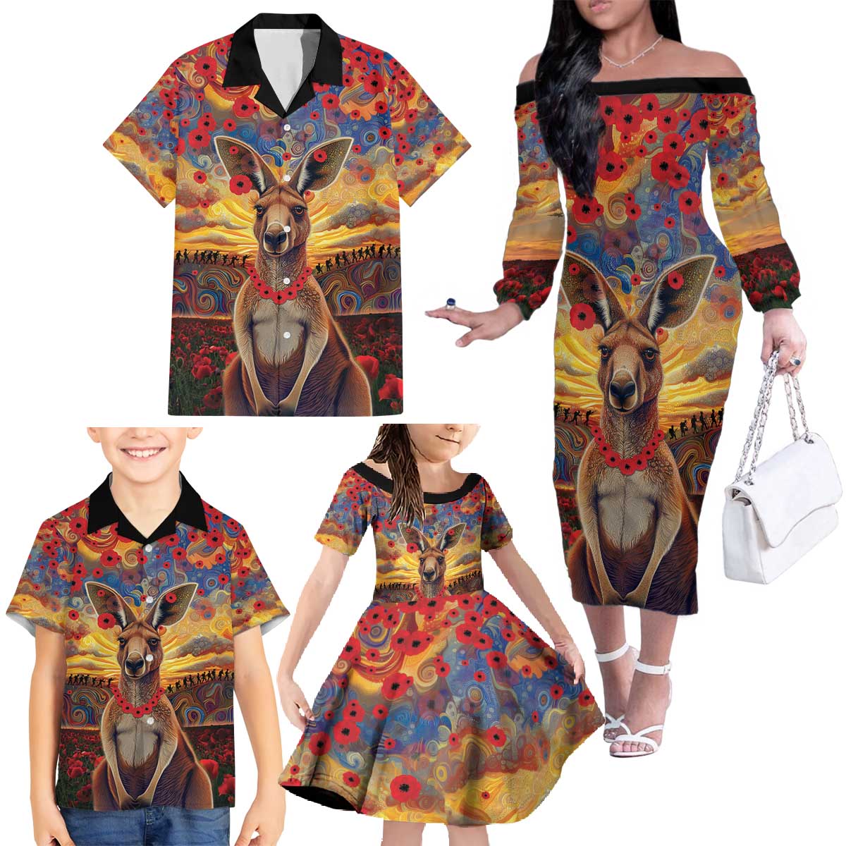 Kangaroo ANZAC Personalised Family Matching Off The Shoulder Long Sleeve Dress and Hawaiian Shirt Poppy Flowers Aboriginal Dot Painting