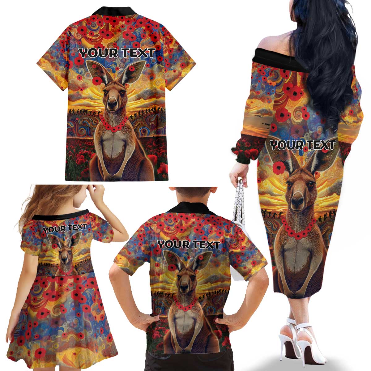 Kangaroo ANZAC Personalised Family Matching Off The Shoulder Long Sleeve Dress and Hawaiian Shirt Poppy Flowers Aboriginal Dot Painting