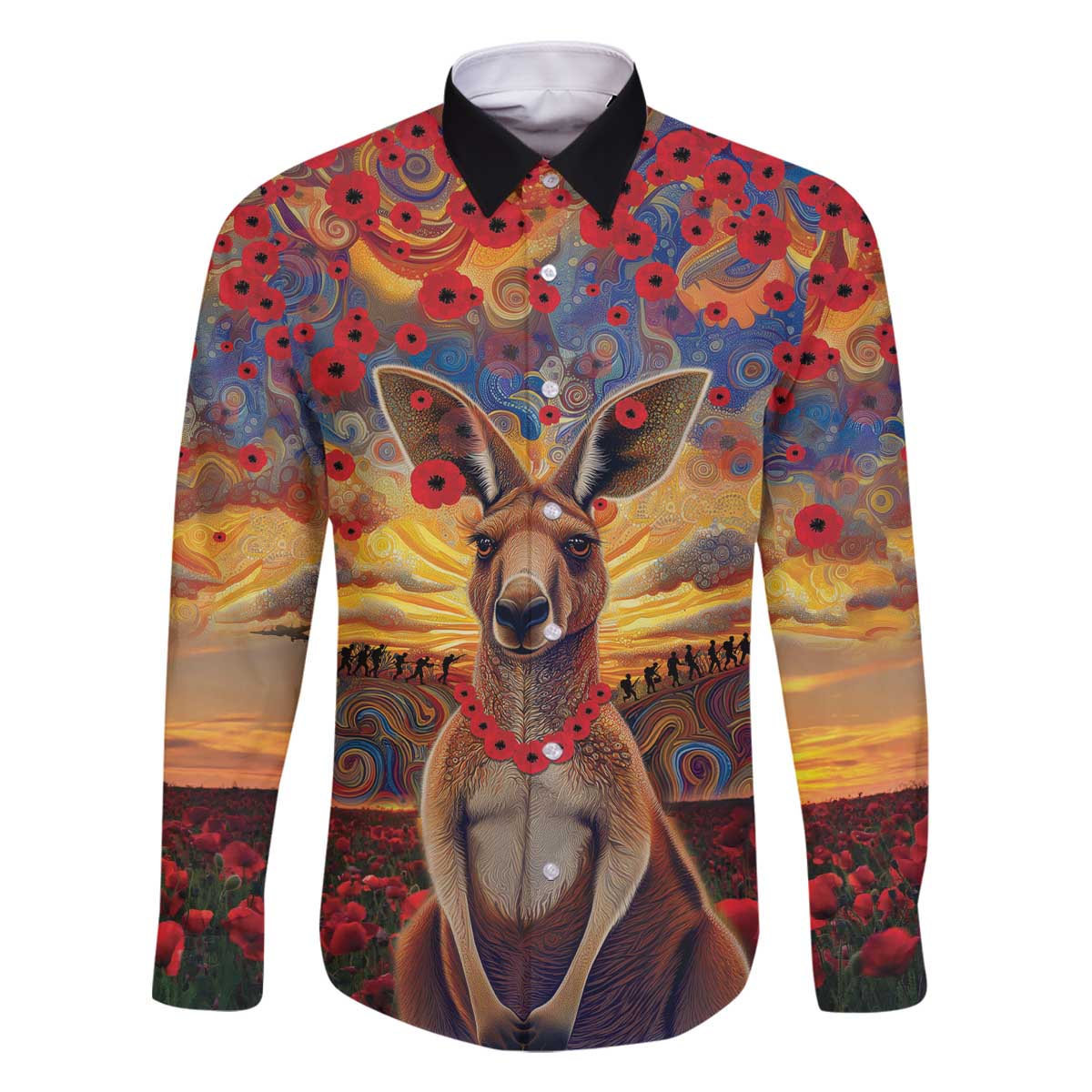 Kangaroo ANZAC Personalised Family Matching Off The Shoulder Long Sleeve Dress and Hawaiian Shirt Poppy Flowers Aboriginal Dot Painting