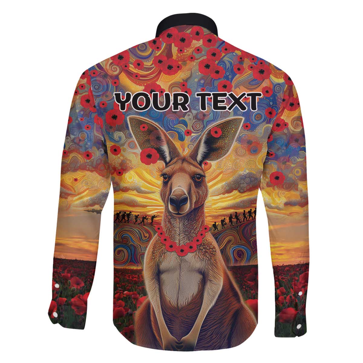 Kangaroo ANZAC Personalised Family Matching Off The Shoulder Long Sleeve Dress and Hawaiian Shirt Poppy Flowers Aboriginal Dot Painting