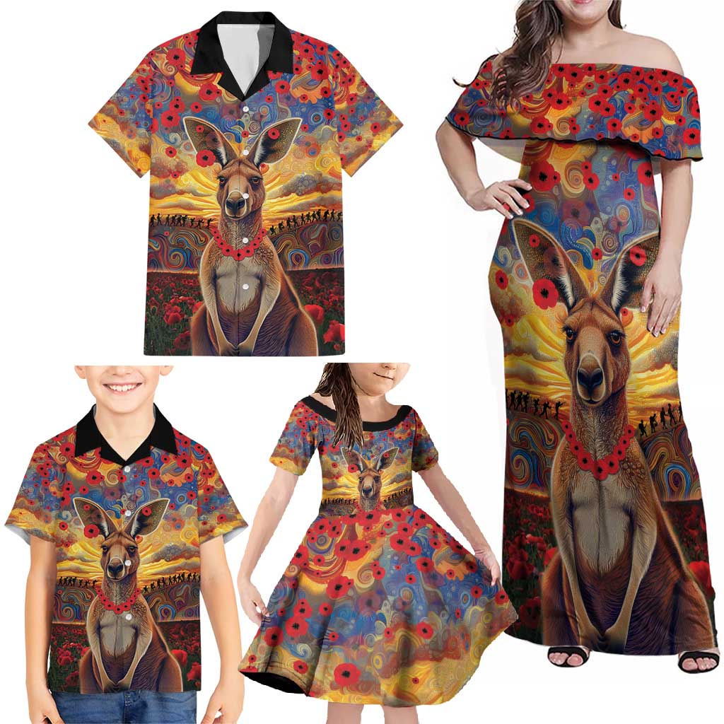 Kangaroo ANZAC Personalised Family Matching Off Shoulder Maxi Dress and Hawaiian Shirt Poppy Flowers Aboriginal Dot Painting