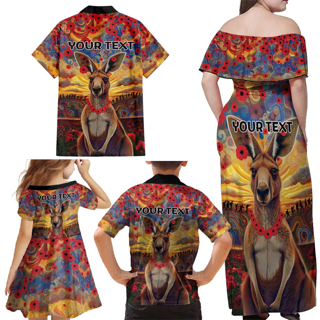Kangaroo ANZAC Personalised Family Matching Off Shoulder Maxi Dress and Hawaiian Shirt Poppy Flowers Aboriginal Dot Painting