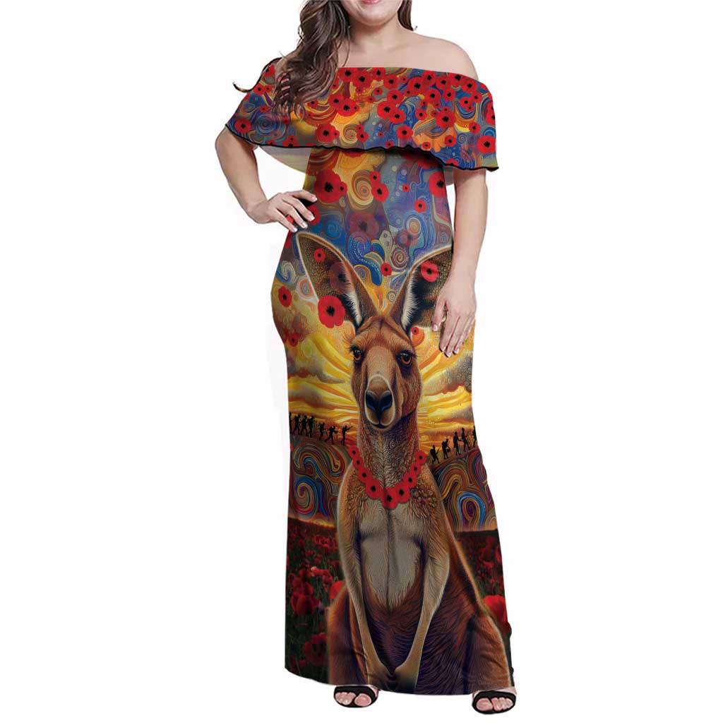 Kangaroo ANZAC Personalised Family Matching Off Shoulder Maxi Dress and Hawaiian Shirt Poppy Flowers Aboriginal Dot Painting