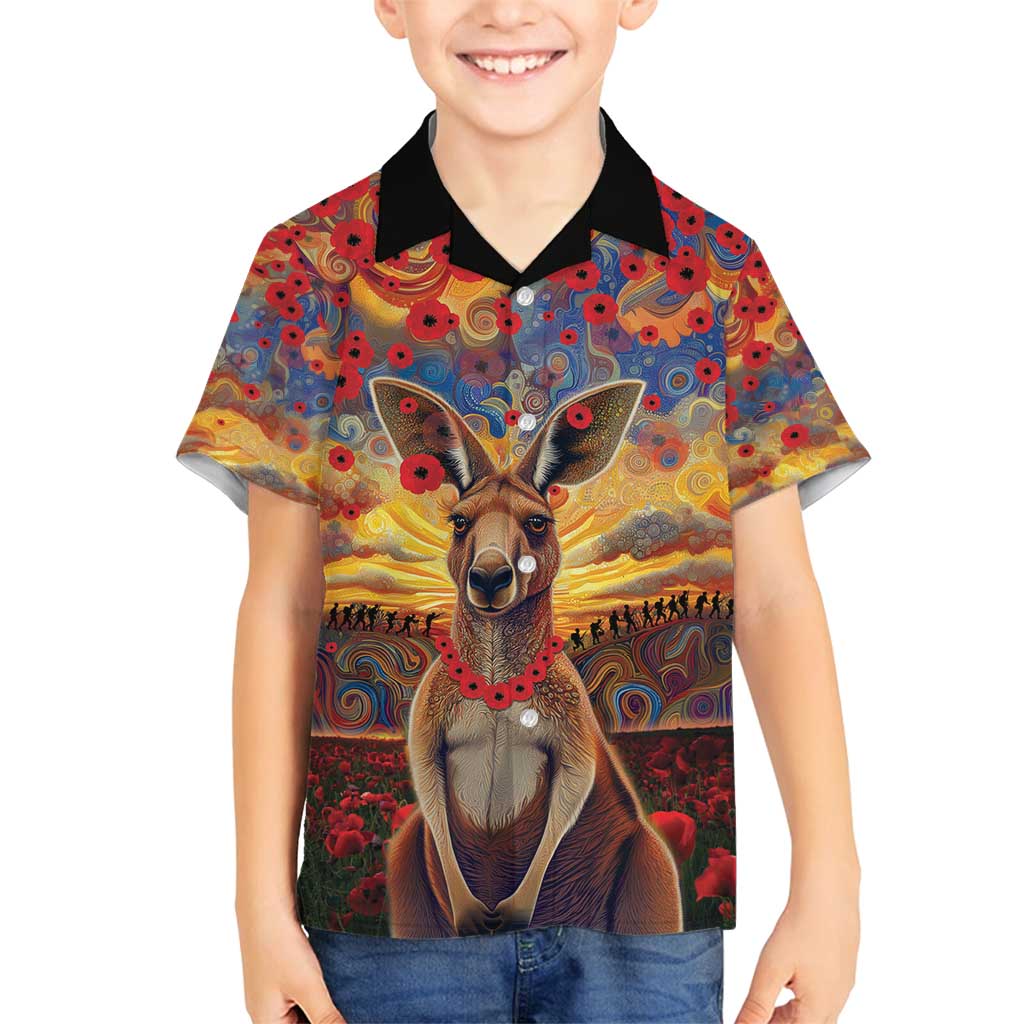 Kangaroo ANZAC Personalised Family Matching Off Shoulder Maxi Dress and Hawaiian Shirt Poppy Flowers Aboriginal Dot Painting