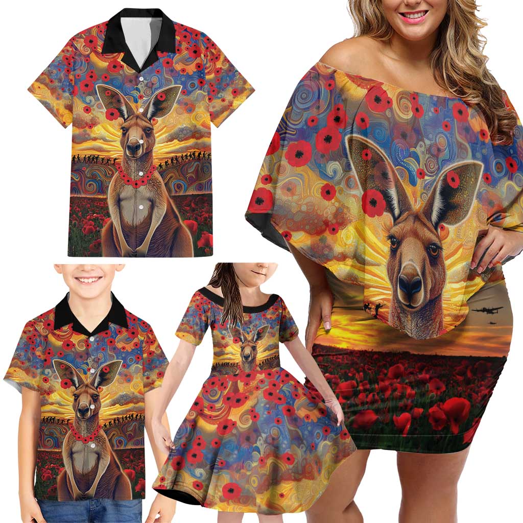 Kangaroo ANZAC Personalised Family Matching Off Shoulder Short Dress and Hawaiian Shirt Poppy Flowers Aboriginal Dot Painting