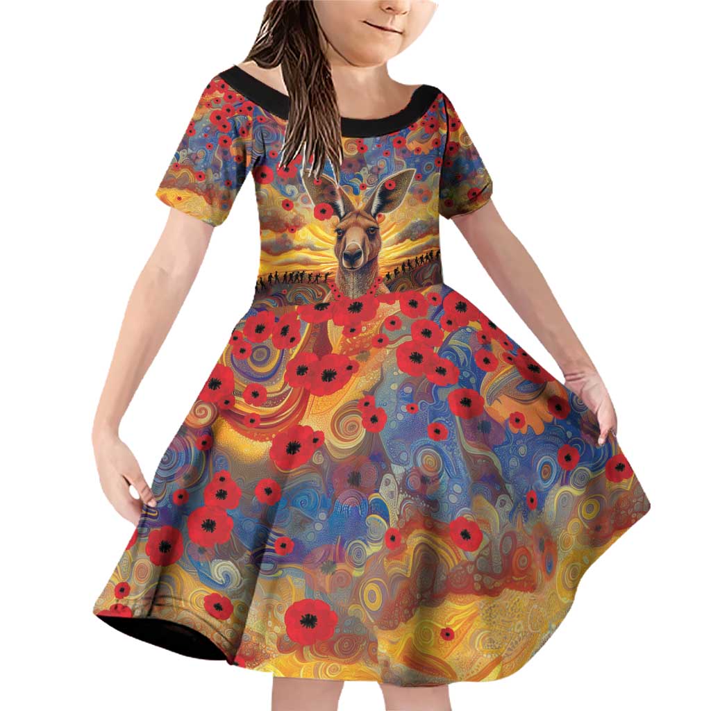 Kangaroo ANZAC Personalised Family Matching Off Shoulder Short Dress and Hawaiian Shirt Poppy Flowers Aboriginal Dot Painting