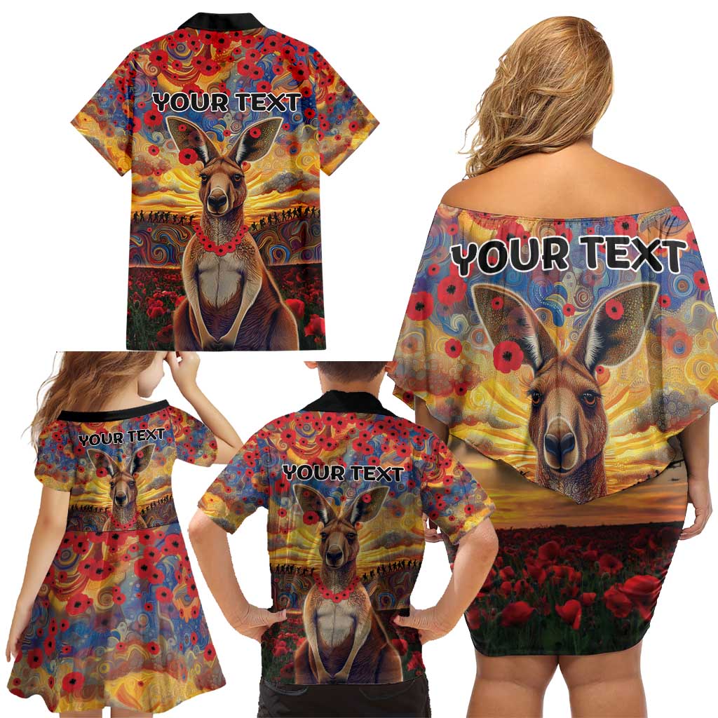 Kangaroo ANZAC Personalised Family Matching Off Shoulder Short Dress and Hawaiian Shirt Poppy Flowers Aboriginal Dot Painting