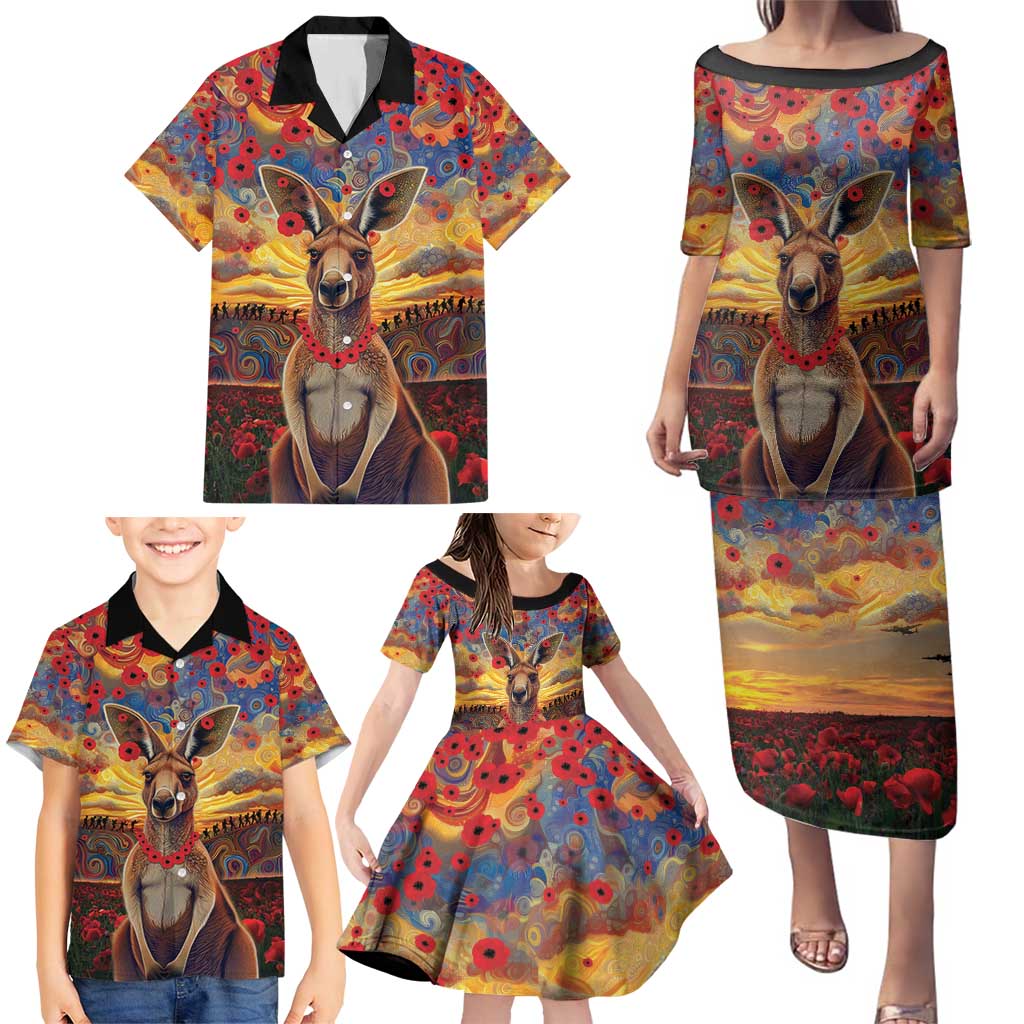 Kangaroo ANZAC Personalised Family Matching Puletasi and Hawaiian Shirt Poppy Flowers Aboriginal Dot Painting