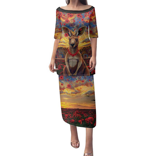 Kangaroo ANZAC Personalised Family Matching Puletasi and Hawaiian Shirt Poppy Flowers Aboriginal Dot Painting