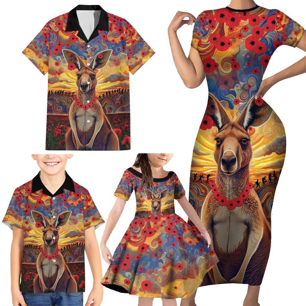 Kangaroo ANZAC Personalised Family Matching Short Sleeve Bodycon Dress and Hawaiian Shirt Poppy Flowers Aboriginal Dot Painting