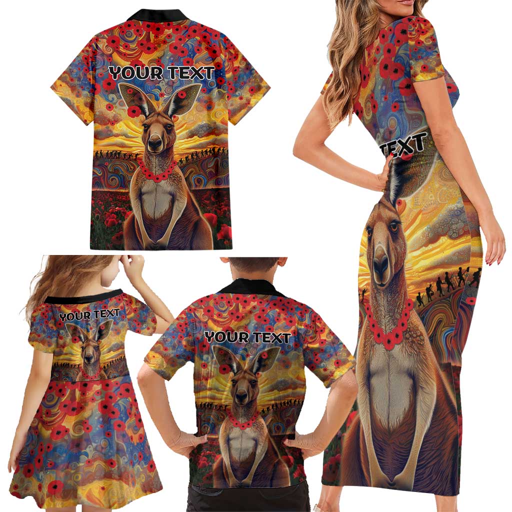 Kangaroo ANZAC Personalised Family Matching Short Sleeve Bodycon Dress and Hawaiian Shirt Poppy Flowers Aboriginal Dot Painting