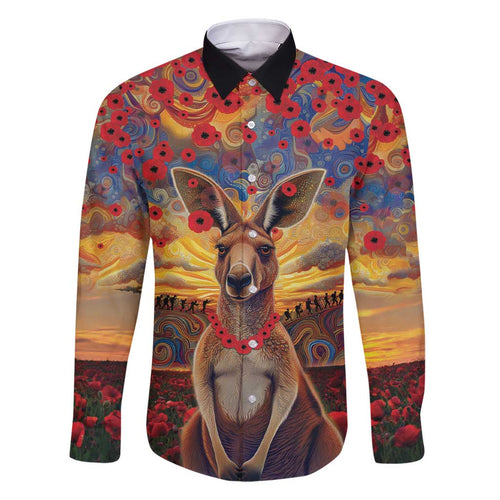 Kangaroo ANZAC Personalised Family Matching Short Sleeve Bodycon Dress and Hawaiian Shirt Poppy Flowers Aboriginal Dot Painting