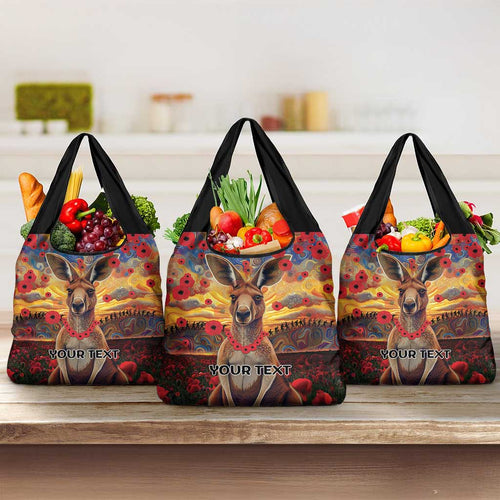Kangaroo ANZAC Personalised Grocery Bag Poppy Flowers Aboriginal Dot Painting