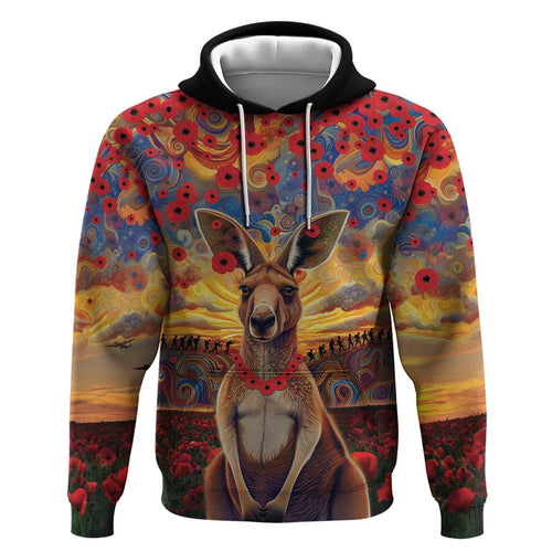 Kangaroo ANZAC Personalised Hoodie Poppy Flowers Aboriginal Dot Painting