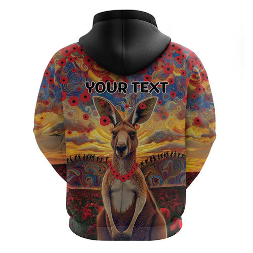 Kangaroo ANZAC Personalised Hoodie Poppy Flowers Aboriginal Dot Painting