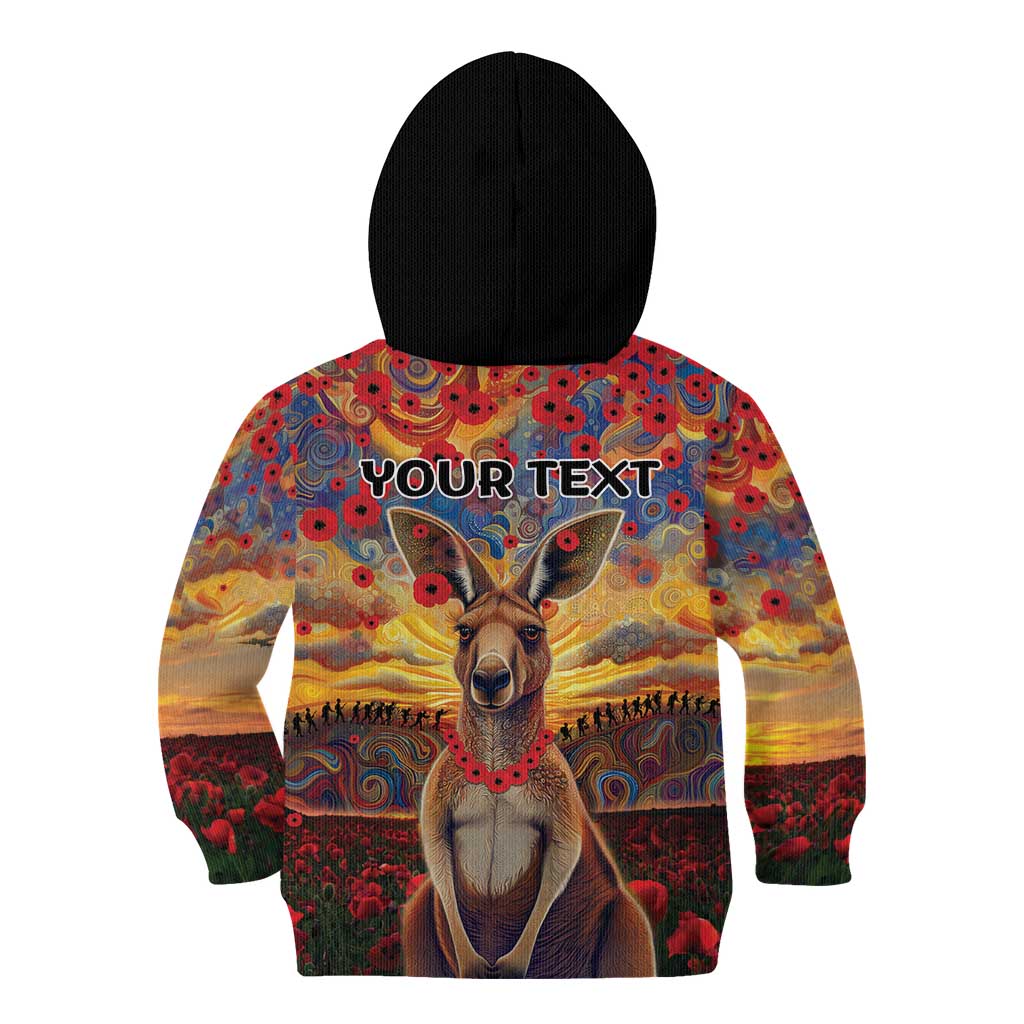 Kangaroo ANZAC Personalised Kid Hoodie Poppy Flowers Aboriginal Dot Painting