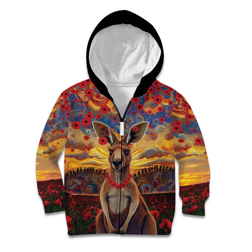 Kangaroo ANZAC Personalised Kid Hoodie Poppy Flowers Aboriginal Dot Painting