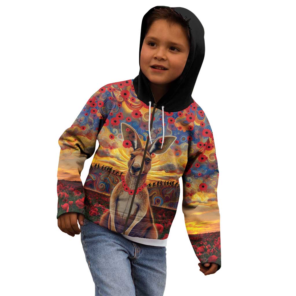 Kangaroo ANZAC Personalised Kid Hoodie Poppy Flowers Aboriginal Dot Painting
