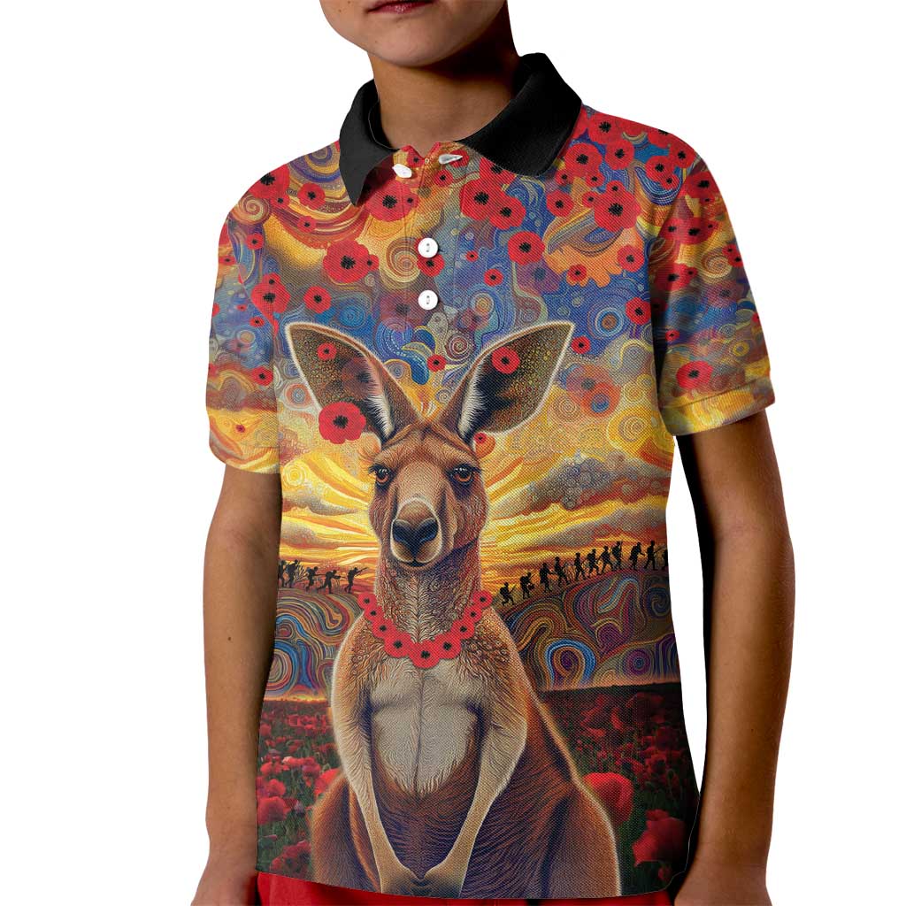 Kangaroo ANZAC Personalised Kid Polo Shirt Poppy Flowers Aboriginal Dot Painting