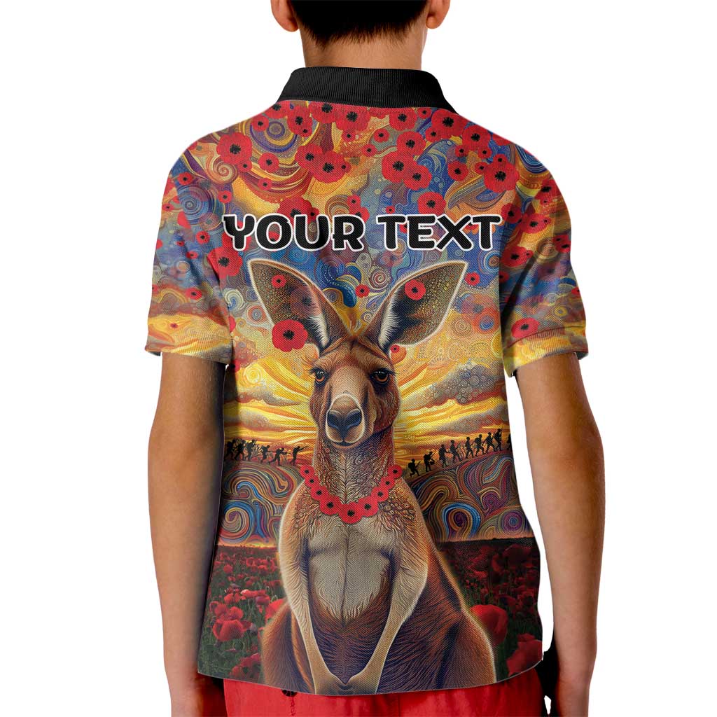 Kangaroo ANZAC Personalised Kid Polo Shirt Poppy Flowers Aboriginal Dot Painting