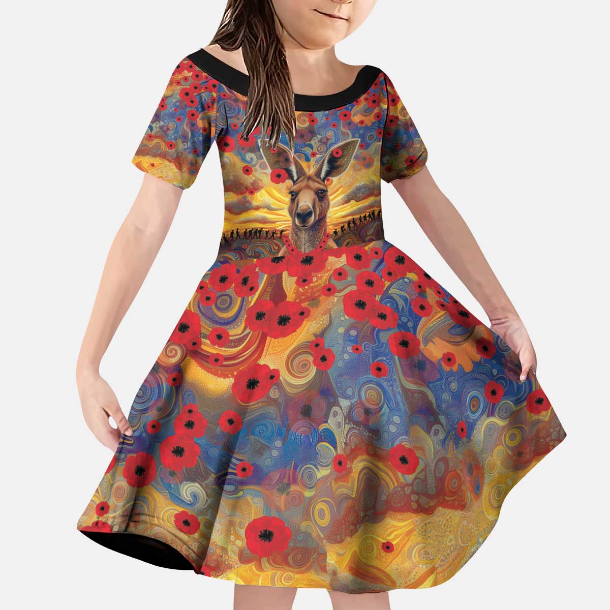 Kangaroo ANZAC Personalised Kid Short Sleeve Dress Poppy Flowers Aboriginal Dot Painting