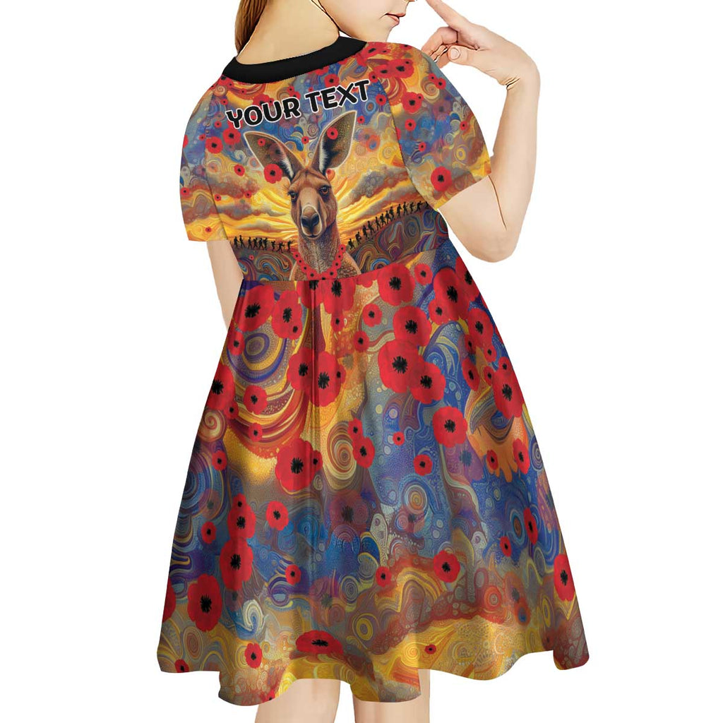 Kangaroo ANZAC Personalised Kid Short Sleeve Dress Poppy Flowers Aboriginal Dot Painting