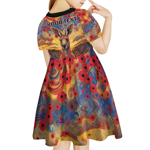 Kangaroo ANZAC Personalised Kid Short Sleeve Dress Poppy Flowers Aboriginal Dot Painting