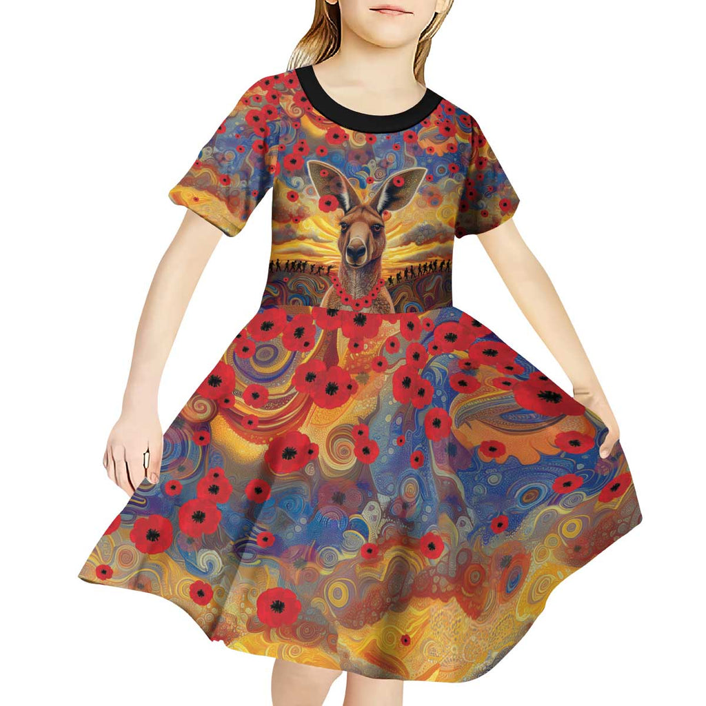 Kangaroo ANZAC Personalised Kid Short Sleeve Dress Poppy Flowers Aboriginal Dot Painting