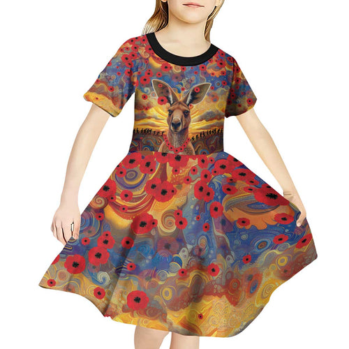 Kangaroo ANZAC Personalised Kid Short Sleeve Dress Poppy Flowers Aboriginal Dot Painting