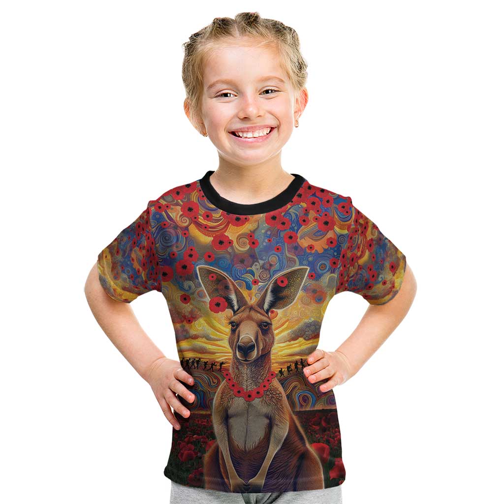 Kangaroo ANZAC Personalised Kid T Shirt Poppy Flowers Aboriginal Dot Painting
