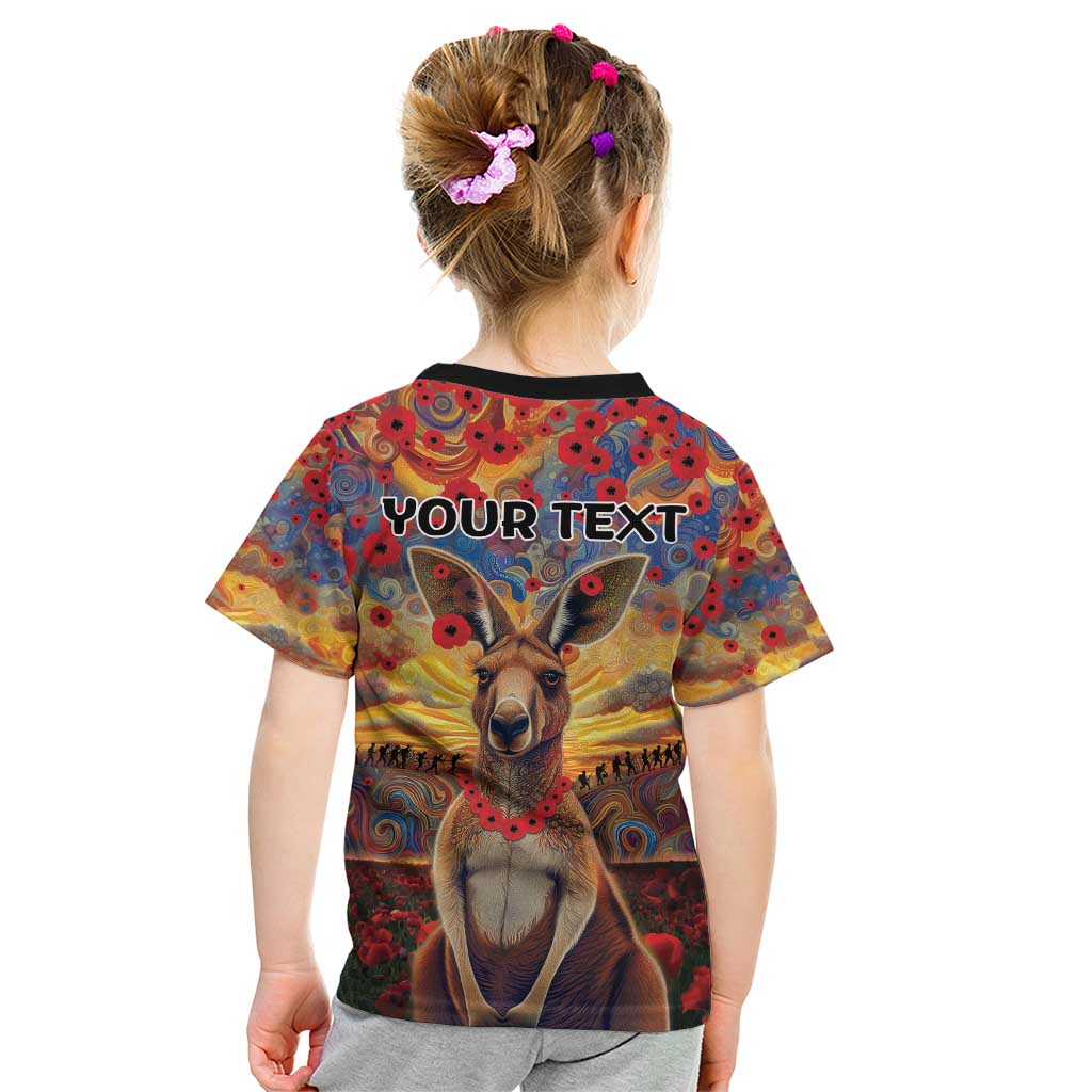 Kangaroo ANZAC Personalised Kid T Shirt Poppy Flowers Aboriginal Dot Painting