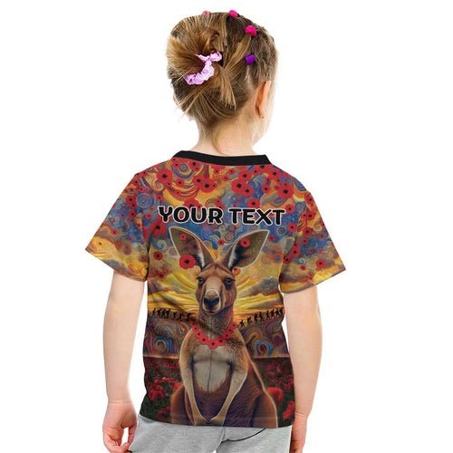 Kangaroo ANZAC Personalised Kid T Shirt Poppy Flowers Aboriginal Dot Painting