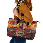 Kangaroo ANZAC Personalised Leather Tote Bag Poppy Flowers Aboriginal Dot Painting