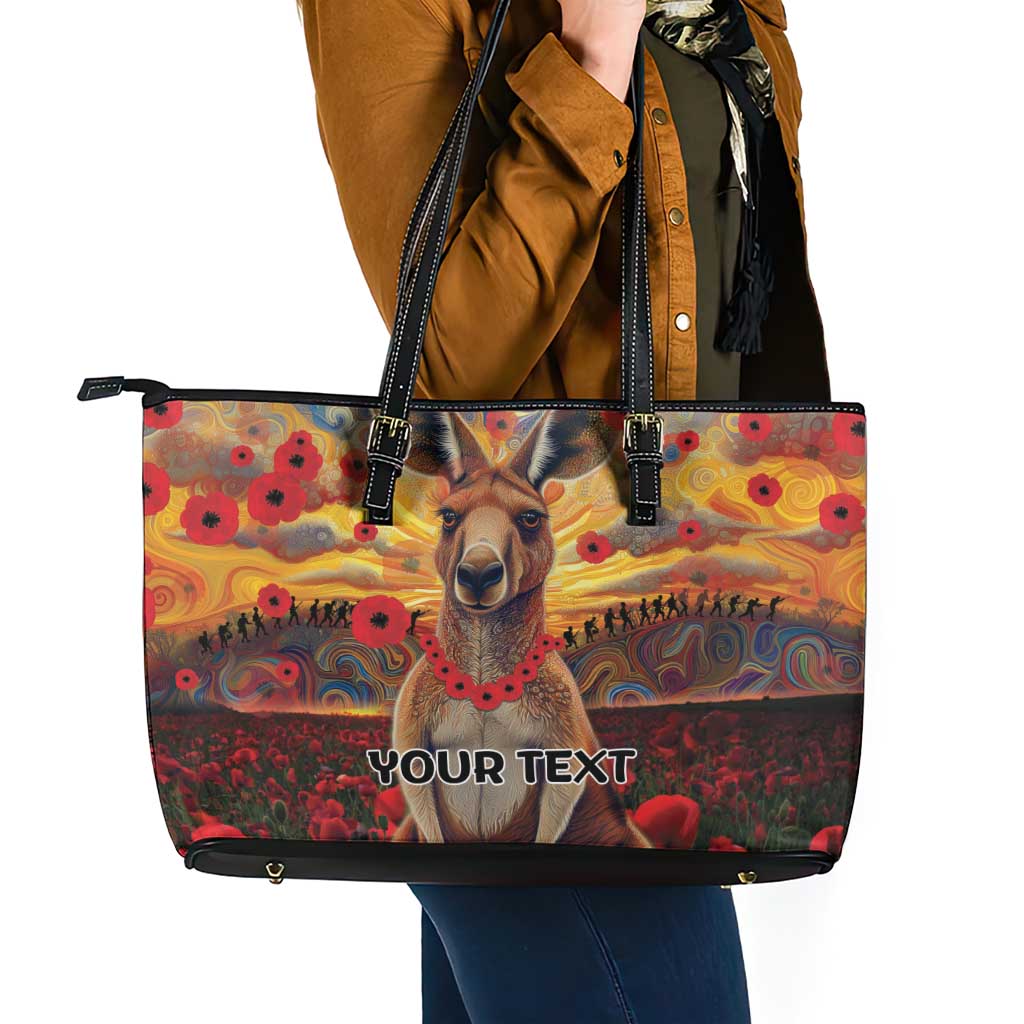 Kangaroo ANZAC Personalised Leather Tote Bag Poppy Flowers Aboriginal Dot Painting