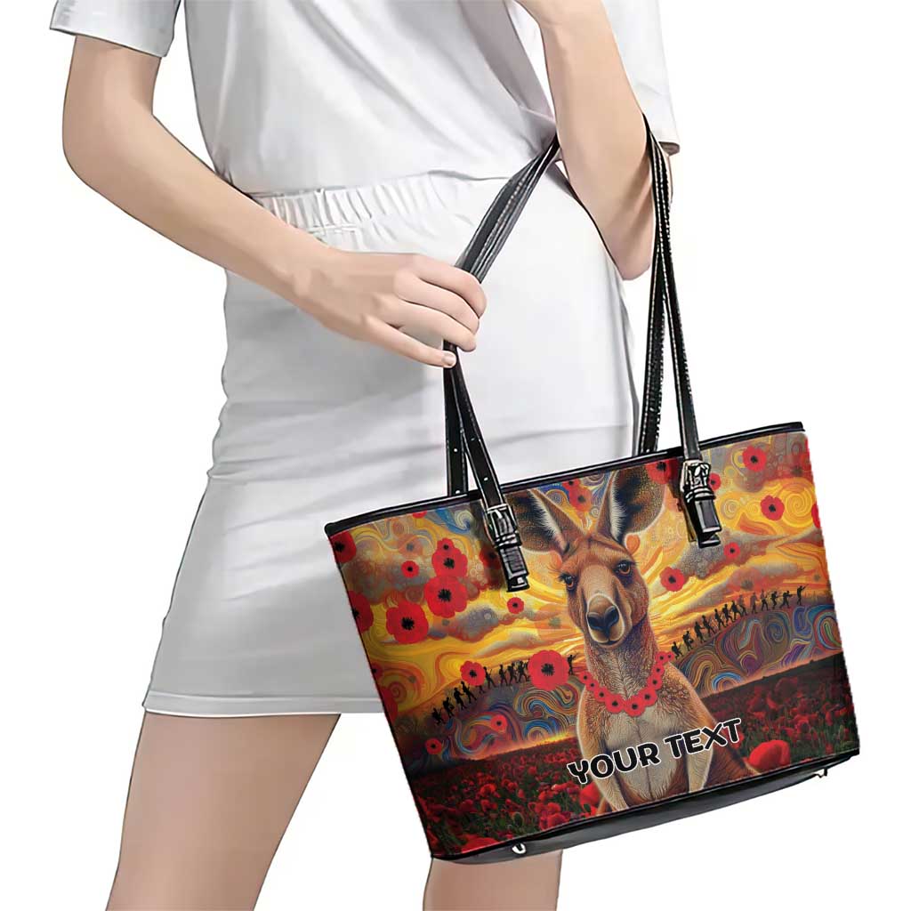 Kangaroo ANZAC Personalised Leather Tote Bag Poppy Flowers Aboriginal Dot Painting