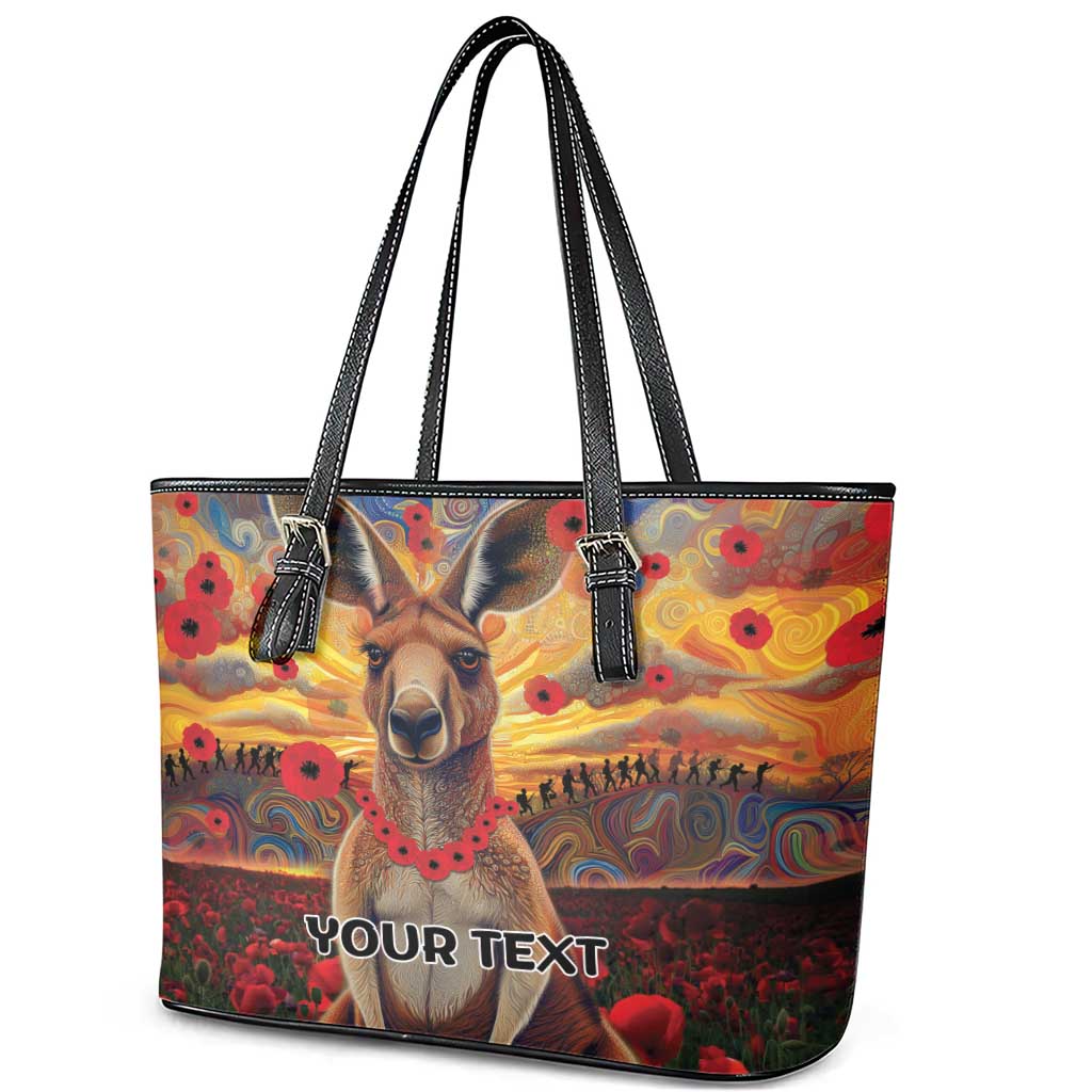 Kangaroo ANZAC Personalised Leather Tote Bag Poppy Flowers Aboriginal Dot Painting